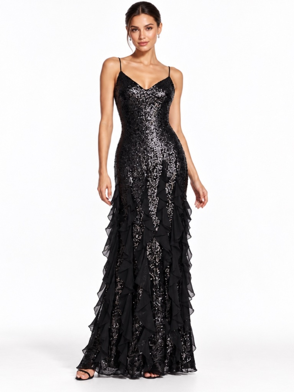 Betsy & Adam - Milan Sequin Chiffon Ruffle Gown